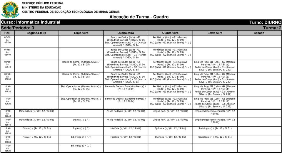 Operacionais (Lab) - G1 (Marcos Amaral) / (DGO / Sl B) Banco de Dados (Lab) - G2 (Evandrino Barros) / (DGO / Sl D) Sist.