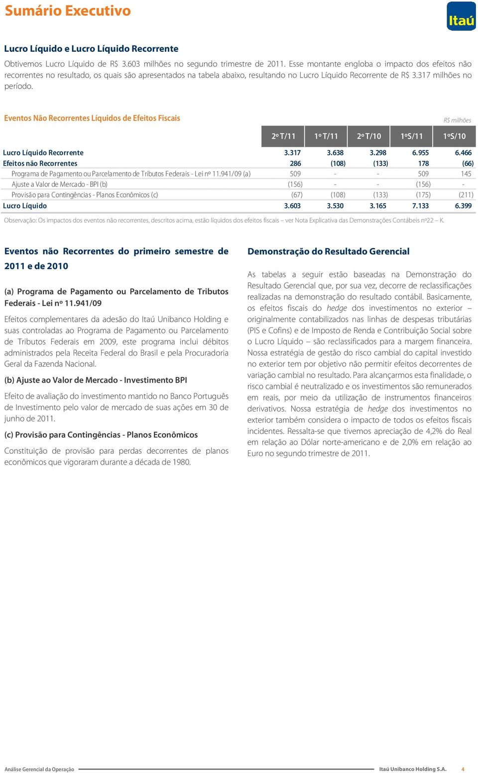 Eventos Não Recorrentes Líquidos de Efeitos Fiscais R$ milhões 2º T/11 1º T/11 2º T/10 1ºS/11 1ºS/10 Lucro Líquido Recorrente 3.317 3.638 3.298 6.955 6.