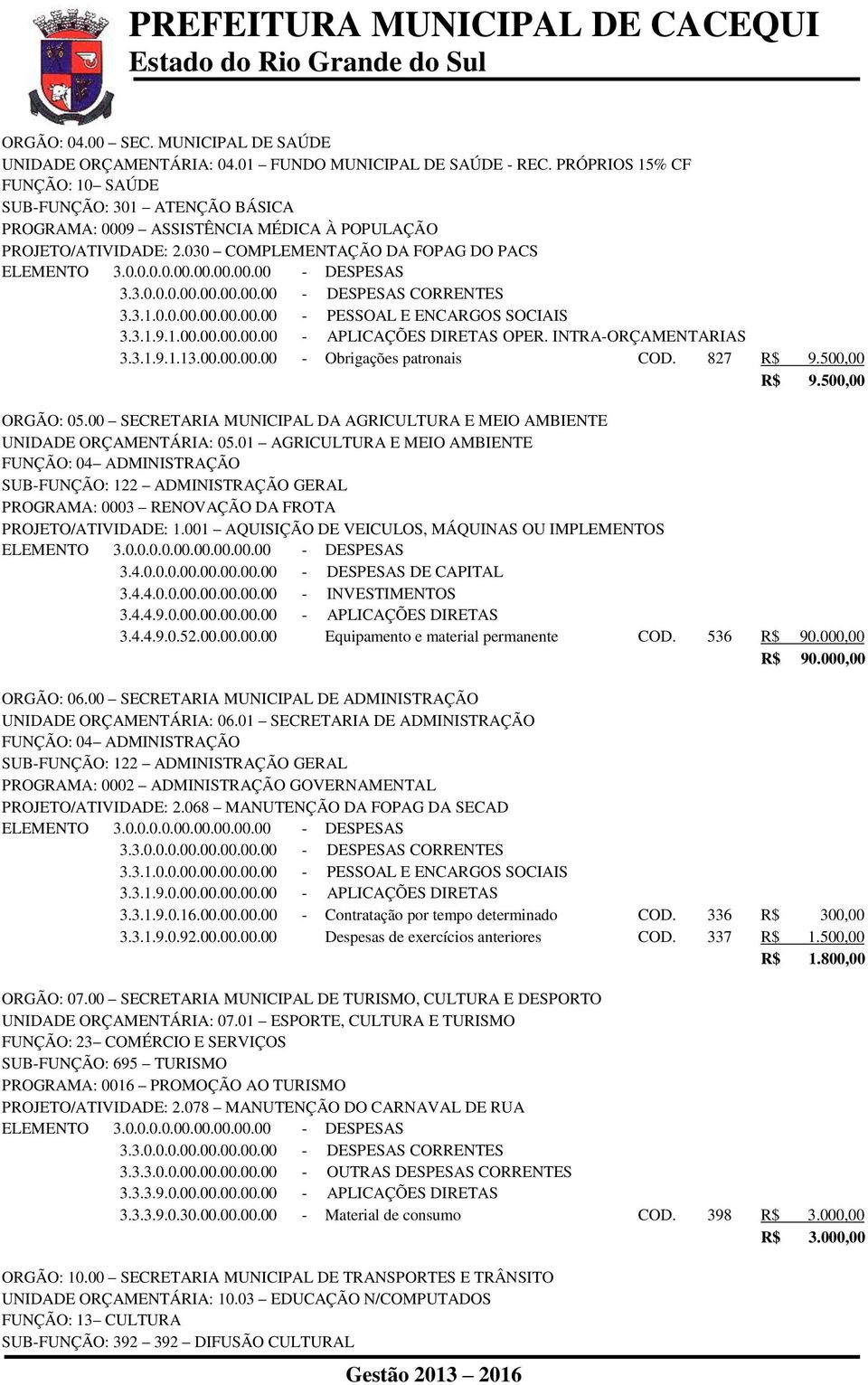 01 AGRICULTURA E MEIO AMBIENTE PROGRAMA: 0003 RENOVAÇÃO DA FROTA PROJETO/ATIVIDADE: 1.001 AQUISIÇÃO DE VEICULOS, MÁQUINAS OU IMPLEMENTOS 3.4.0.0.0.00.00.00.00.00 - DESPESAS DE CAPITAL 3.4.4.0.0.00.00.00.00.00 - INVESTIMENTOS 3.