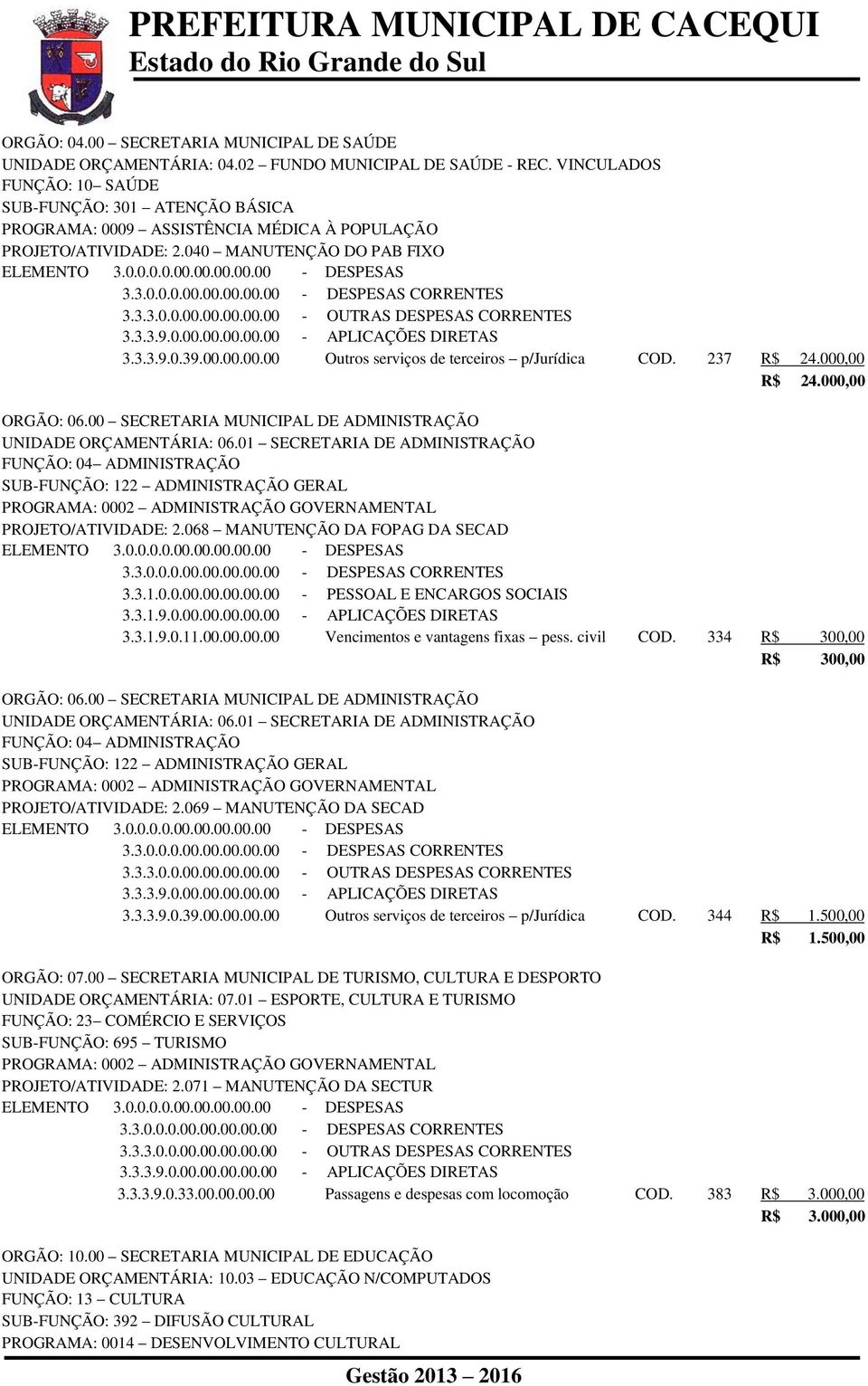 0.11.00.00.00.00 Vencimentos e vantagens fixas pess. civil COD. 334 R$ 300,00 R$ 300,00 ORGÃO: 06.00 SECRETARIA MUNICIPAL DE ADMINISTRAÇÃO UNIDADE ORÇAMENTÁRIA: 06.