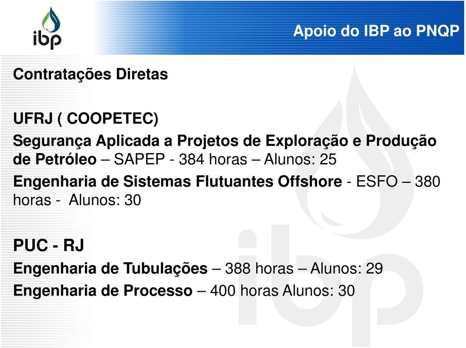 Engenharia de Sistemas Flutuantes Offshore - ESFO 380 horas - Alunos: 30 PUC - RJ