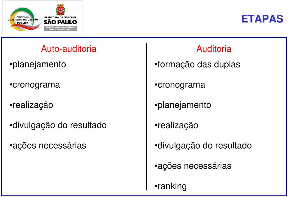 Auditoria formação das duplas cronograma planejamento