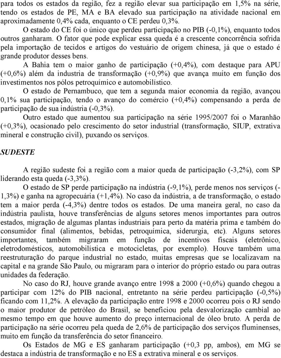 O fator que pode explicar essa queda é a crescente concorrência sofrida pela importação de tecidos e artigos do vestuário de origem chinesa, já que o estado é grande produtor desses bens.