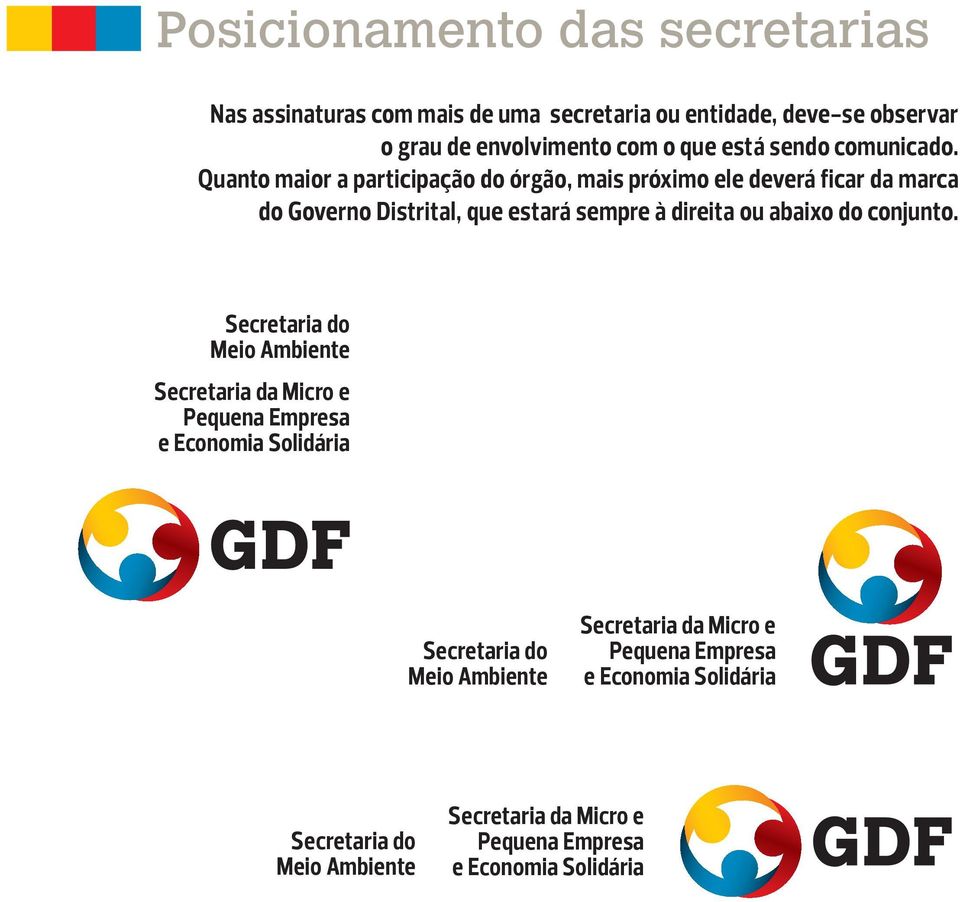 Quanto maior a participação do órgão, mais próximo ele deverá ficar da marca do Governo Distrital, que estará sempre à direita