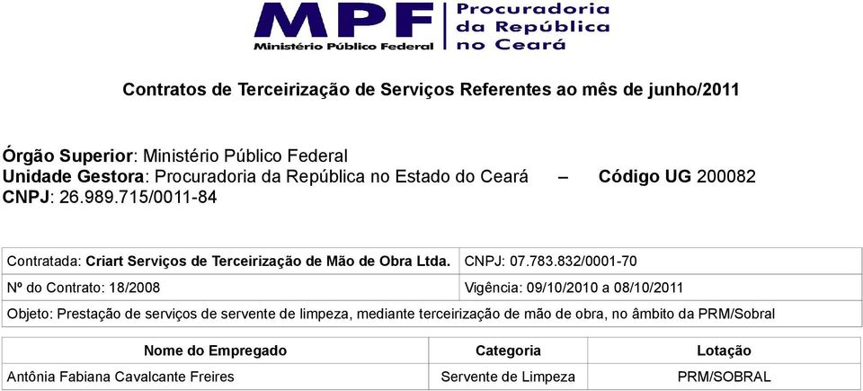 Prestação de serviços de servente de limpeza, mediante terceirização de mão de