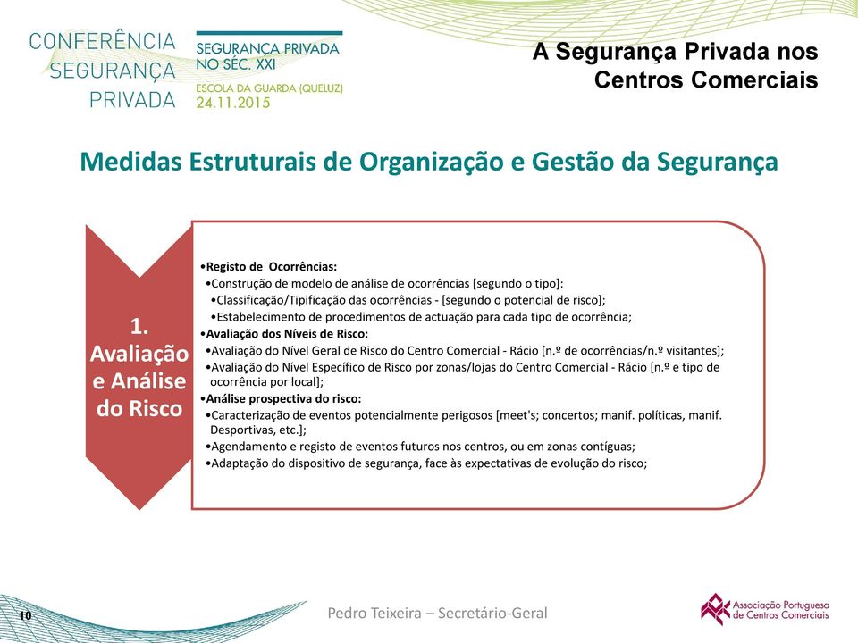 Estabelecimento de procedimentos de actuação para cada tipo de ocorrência; Avaliação dos Níveis de Risco: Avaliação do Nível Geral de Risco do Centro Comercial - Rácio [n.º de ocorrências/n.