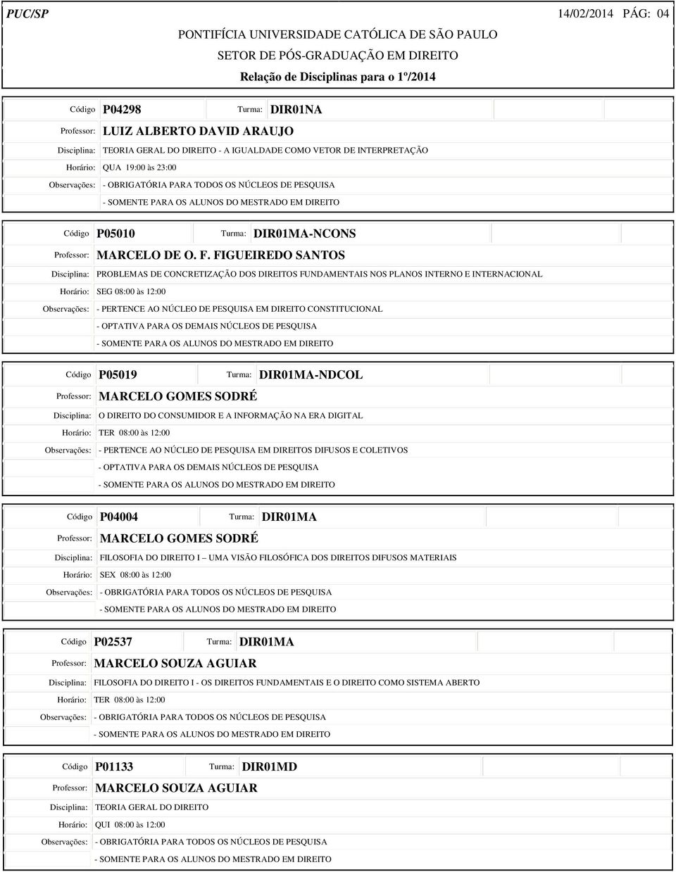 FIGUEIREDO SANTOS Disciplina: PROBLEMAS DE CONCRETIZAÇÃO DOS DIREITOS FUNDAMENTAIS NOS PLANOS INTERNO E INTERNACIONAL Observações: - PERTENCE AO NÚCLEO DE PESQUISA EM DIREITO CONSTITUCIONAL Código