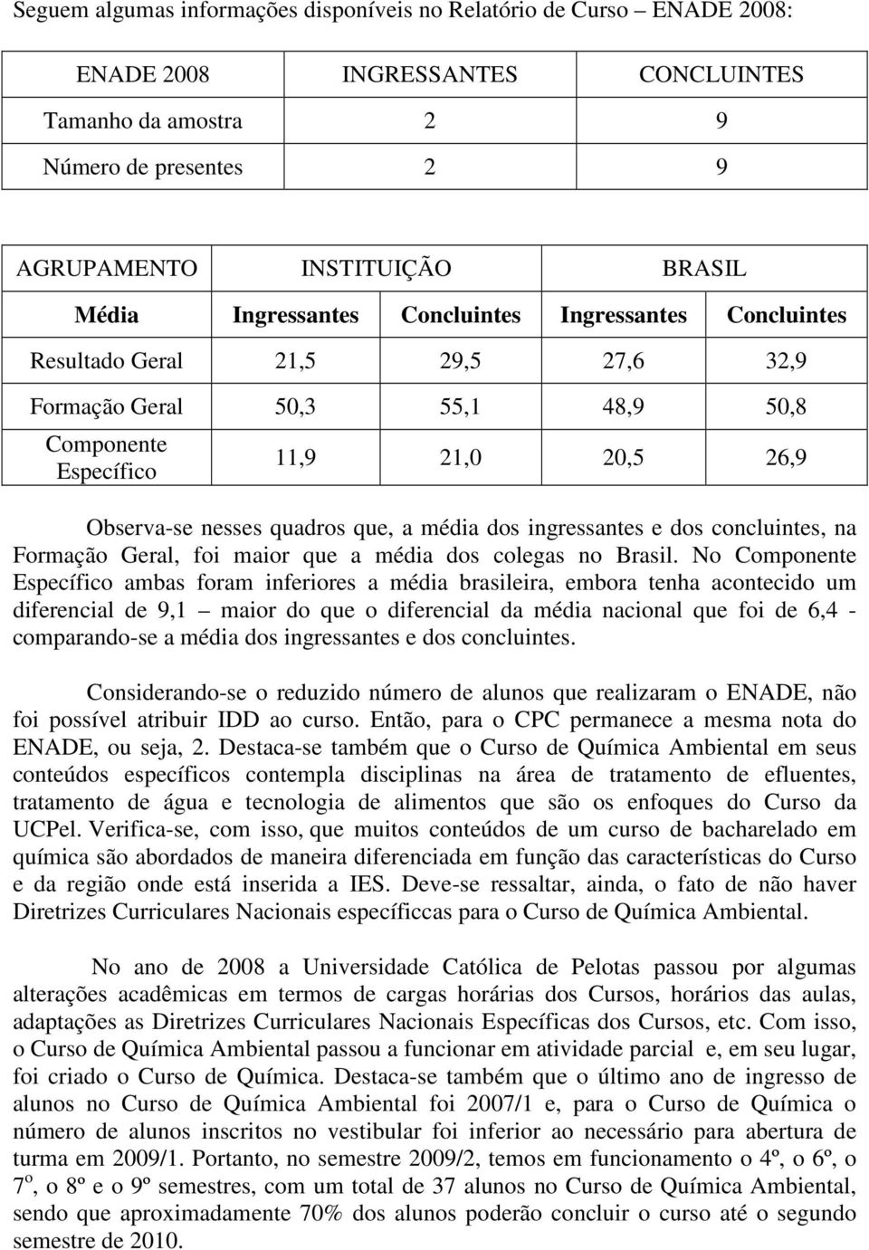 média dos ingressantes e dos concluintes, na Formação Geral, foi maior que a média dos colegas no Brasil.