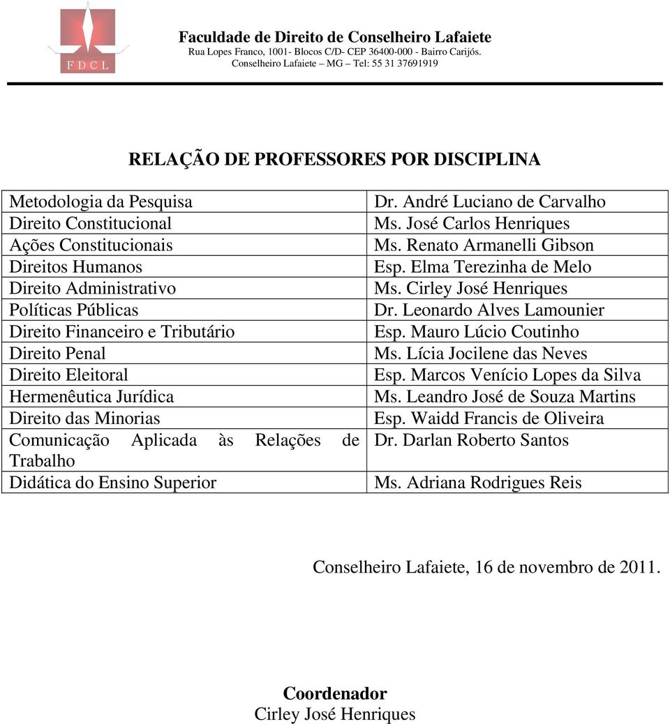 José Carlos Henriques Ms. Renato Armanelli Gibson Esp. Elma Terezinha de Melo Ms. Cirley José Henriques Dr. Leonardo Alves Lamounier Esp. Mauro Lúcio Coutinho Ms. Lícia Jocilene das Neves Esp.