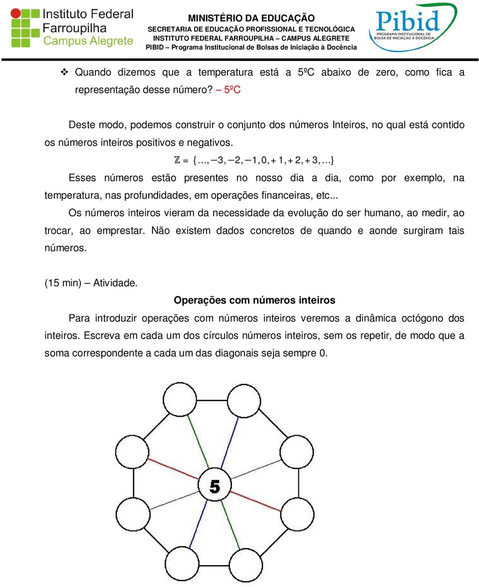 Z = {, 3, 2, 1, 0, +1, +2, +3, } Esses números estão presentes no nosso dia a dia, como por exemplo, na temperatura, nas profundidades, em operações financeiras, etc.