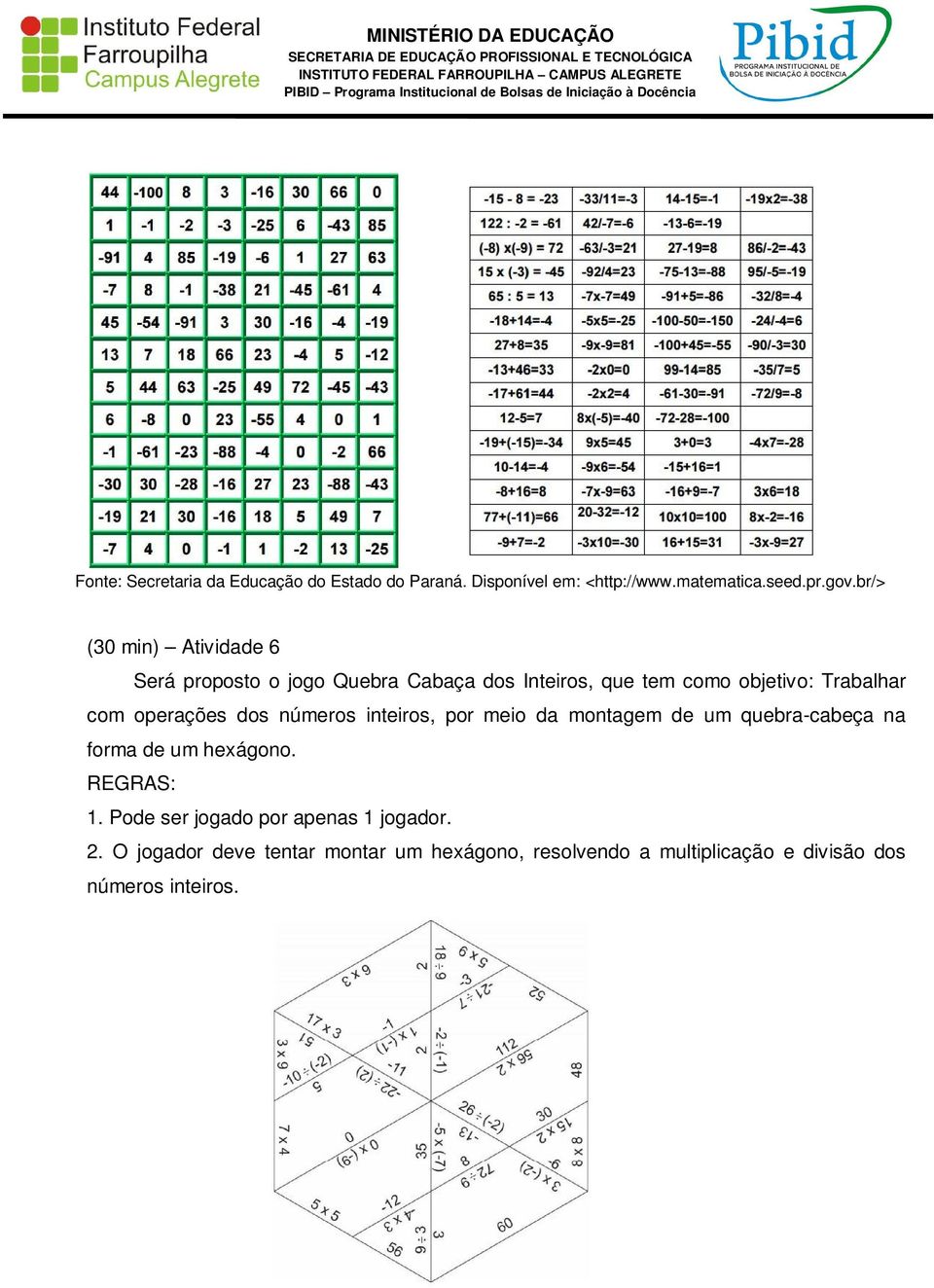 operações dos números inteiros, por meio da montagem de um quebra-cabeça na forma de um hexágono. REGRAS: 1.