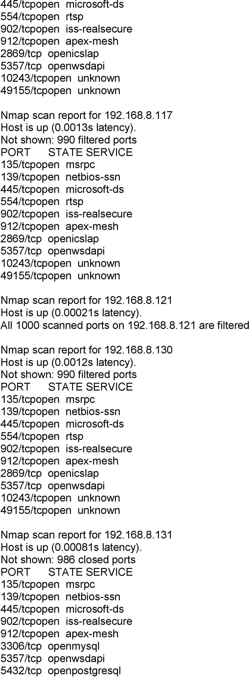 168.8.130 Host is up (0.0012s latency). Nmap scan report for 192.168.8.131 Host is up (0.