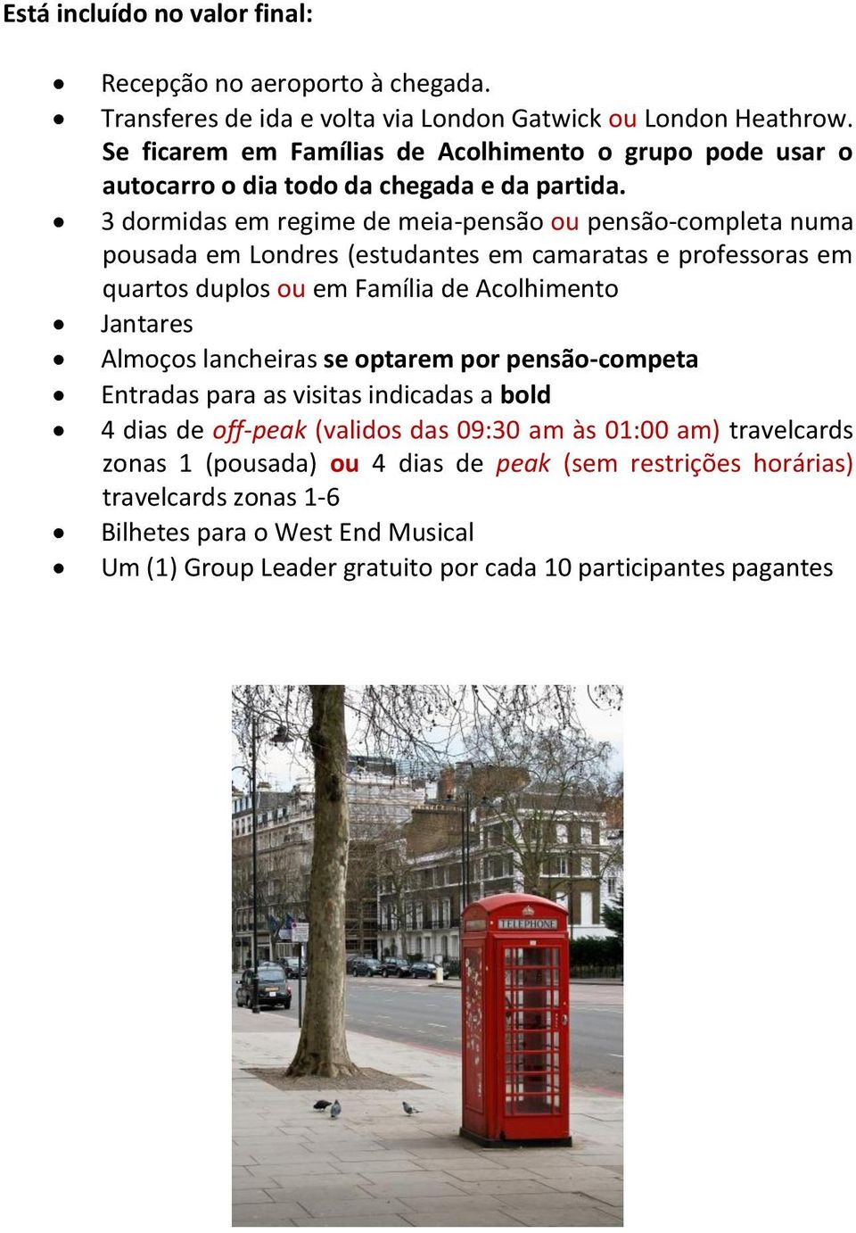 3 dormidas em regime de meia-pensão ou pensão-completa numa pousada em Londres (estudantes em camaratas e professoras em quartos duplos ou em Família de Acolhimento Jantares Almoços