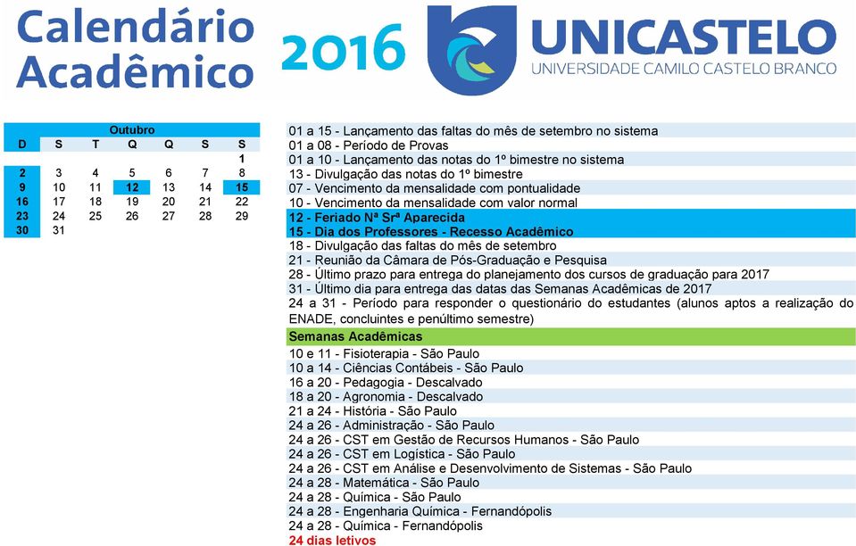 Recesso Acadêmico 18 - Divulgação das faltas do mês de setembro 21 - Reunião da Câmara de Pós-Graduação e Pesquisa 28 - Último prazo para entrega do planejamento dos cursos de graduação para 2017 31