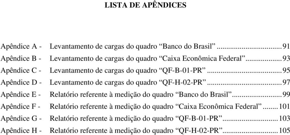.. 95 Apêndice D - Levantamento de cargas do quadro QF-H-02-PR... 97 Apêndice E - Relatório referente à medição do quadro Banco do Brasil.