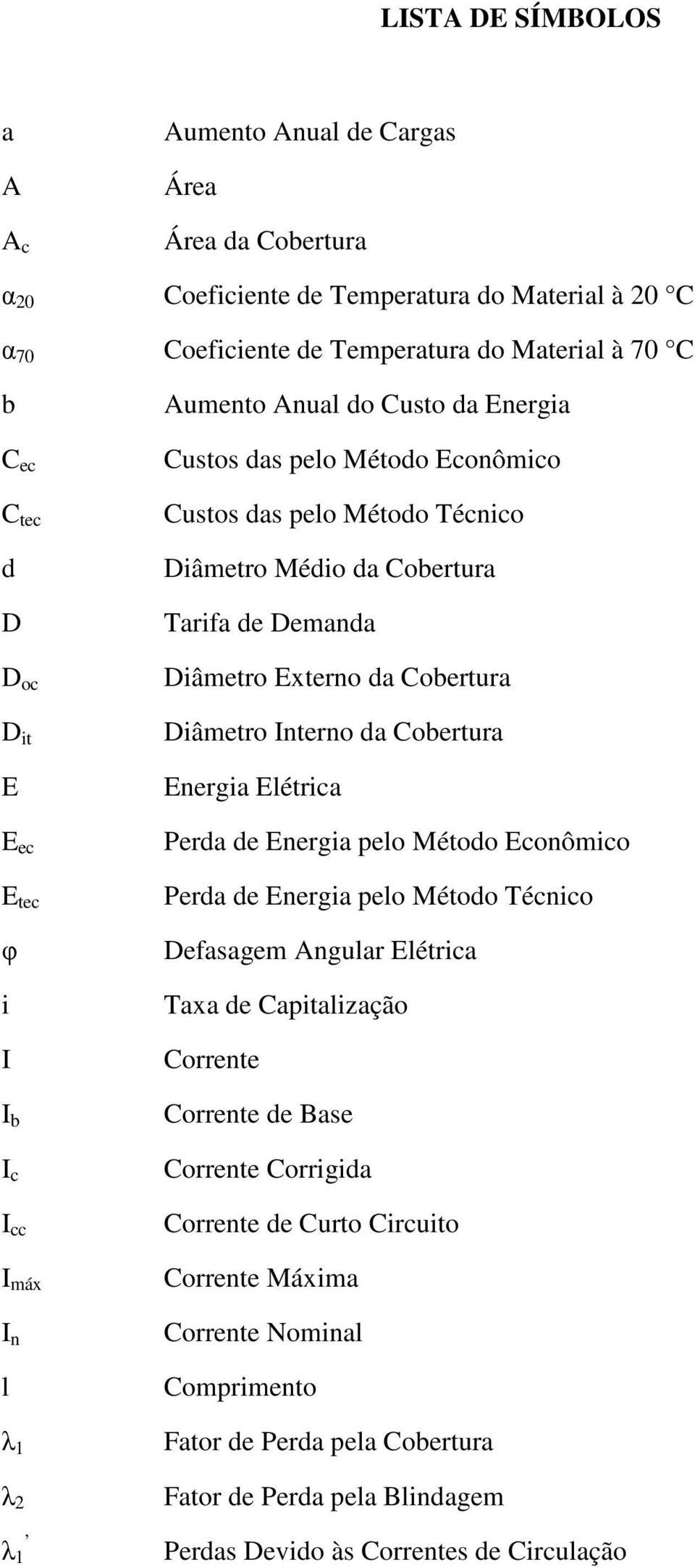 Demanda Diâmetro Externo da Cobertura Diâmetro Interno da Cobertura Energia Elétrica Perda de Energia pelo Método Econômico Perda de Energia pelo Método Técnico Defasagem Angular Elétrica Taxa de