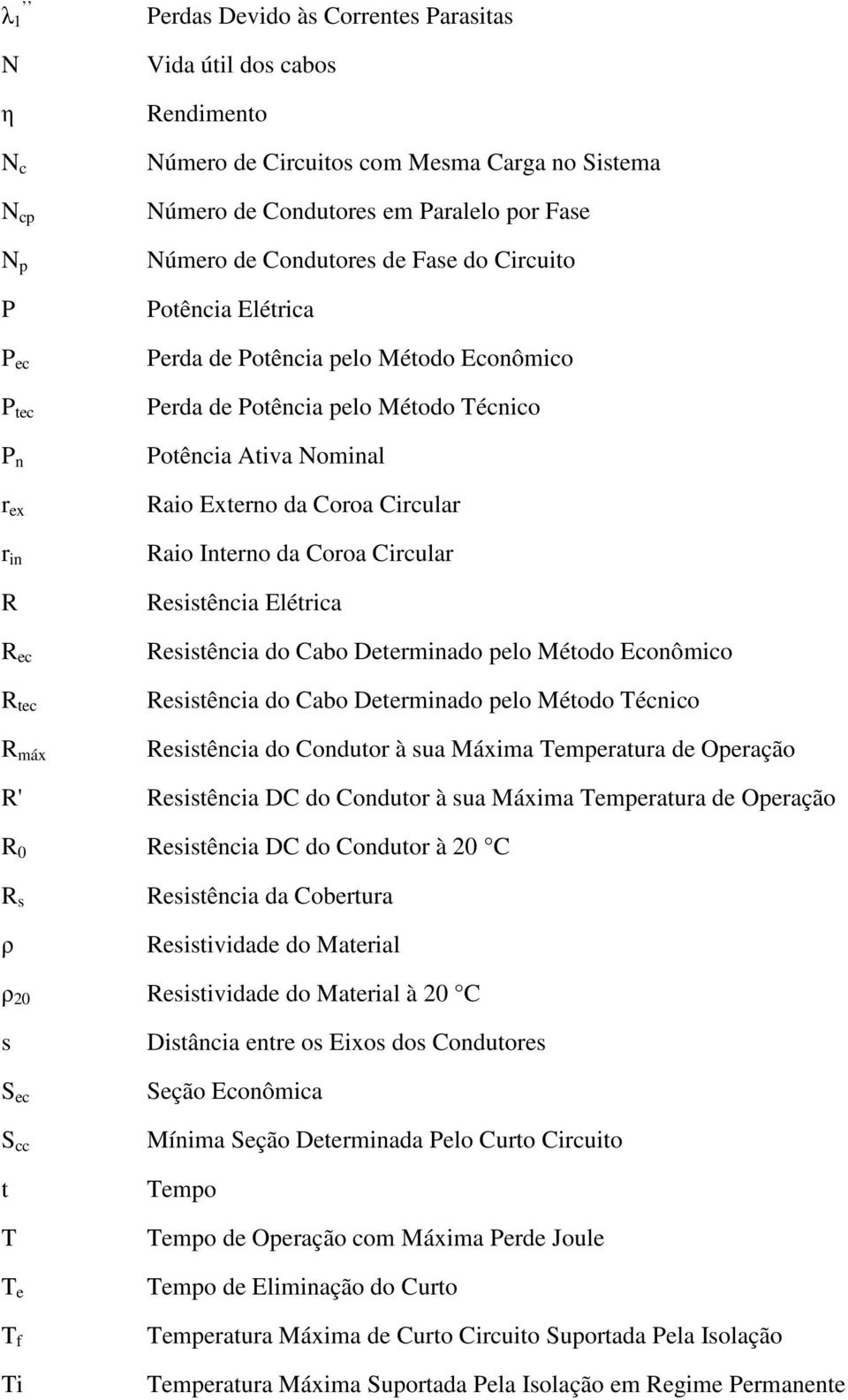 Externo da Coroa Circular Raio Interno da Coroa Circular Resistência Elétrica Resistência do Cabo Determinado pelo Método Econômico Resistência do Cabo Determinado pelo Método Técnico Resistência do