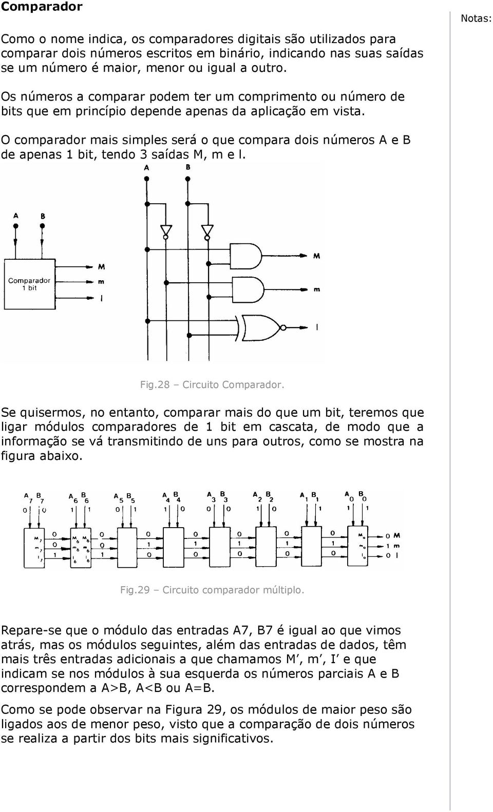 O comparador mais simples será o que compara dois números A e B de apenas 1 bit, tendo 3 saídas M, m e l. Fig.28 Circuito Comparador.