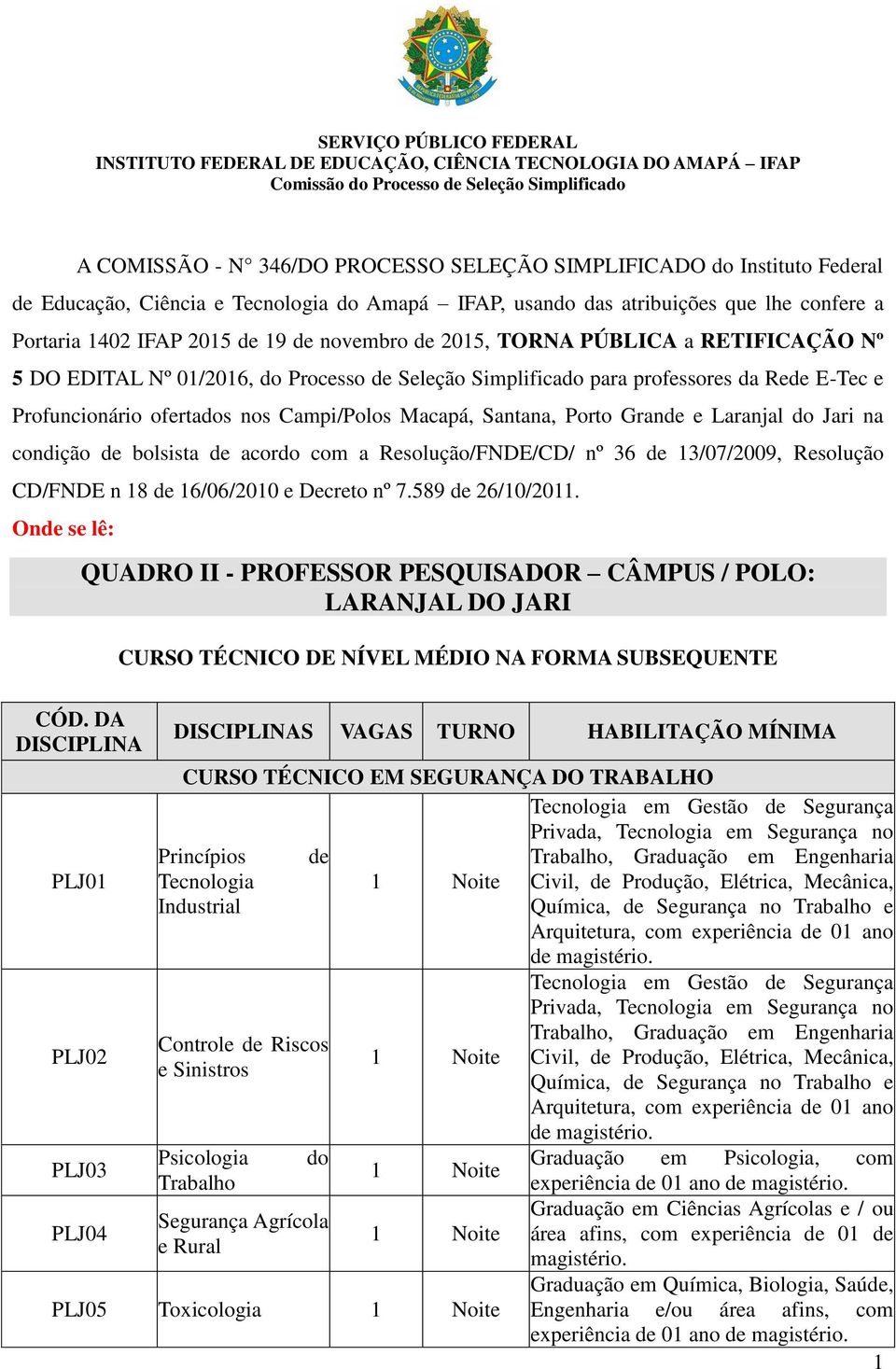 Porto Grande e Laranjal do Jari na condição de bolsista de acordo com a Resolução/FNDE/CD/ nº 36 de 13/07/2009, Resolução CD/FNDE n 18 de 16/06/2010 e Decreto nº 7.589 de 26/10/2011.