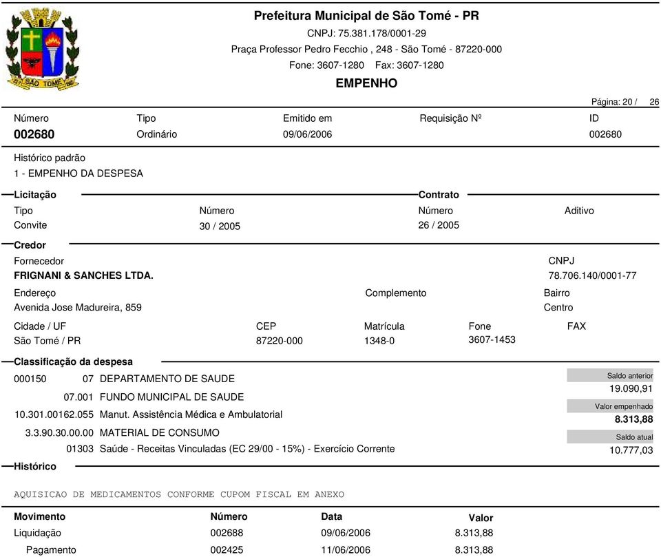 Assistência Médica e Ambulatorial 3.3.90.30.00.00 MATERIAL DE CONSUMO 01303 Saúde - Receitas Vinculadas (EC 29/00-15%) - Exercício Corrente 19.