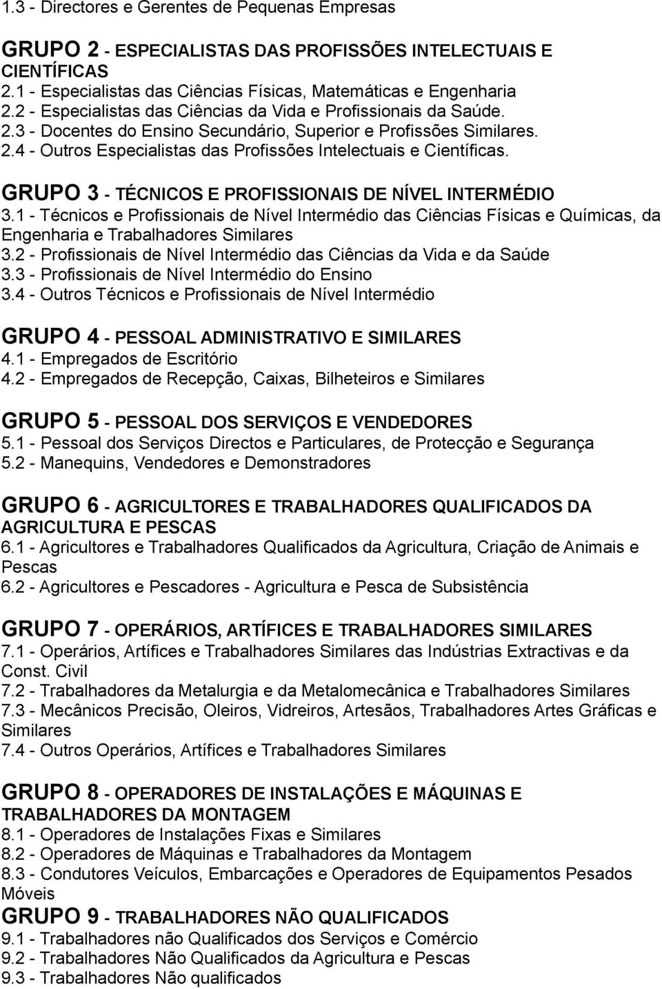 GRUPO 3 - TÉCNICOS E PROFISSIONAIS DE NÍVEL INTERMÉDIO 3.1 - Técnicos e Profissionais de Nível Intermédio das Ciências Físicas e Químicas, da Engenharia e Trabalhadores Similares 3.