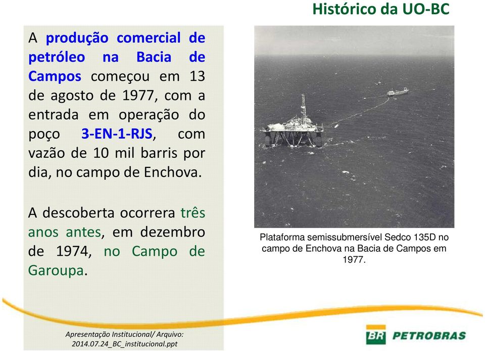 Histórico da UO-BC A descoberta ocorrera três anos antes, em dezembro de 1974, no Campo de Garoupa.