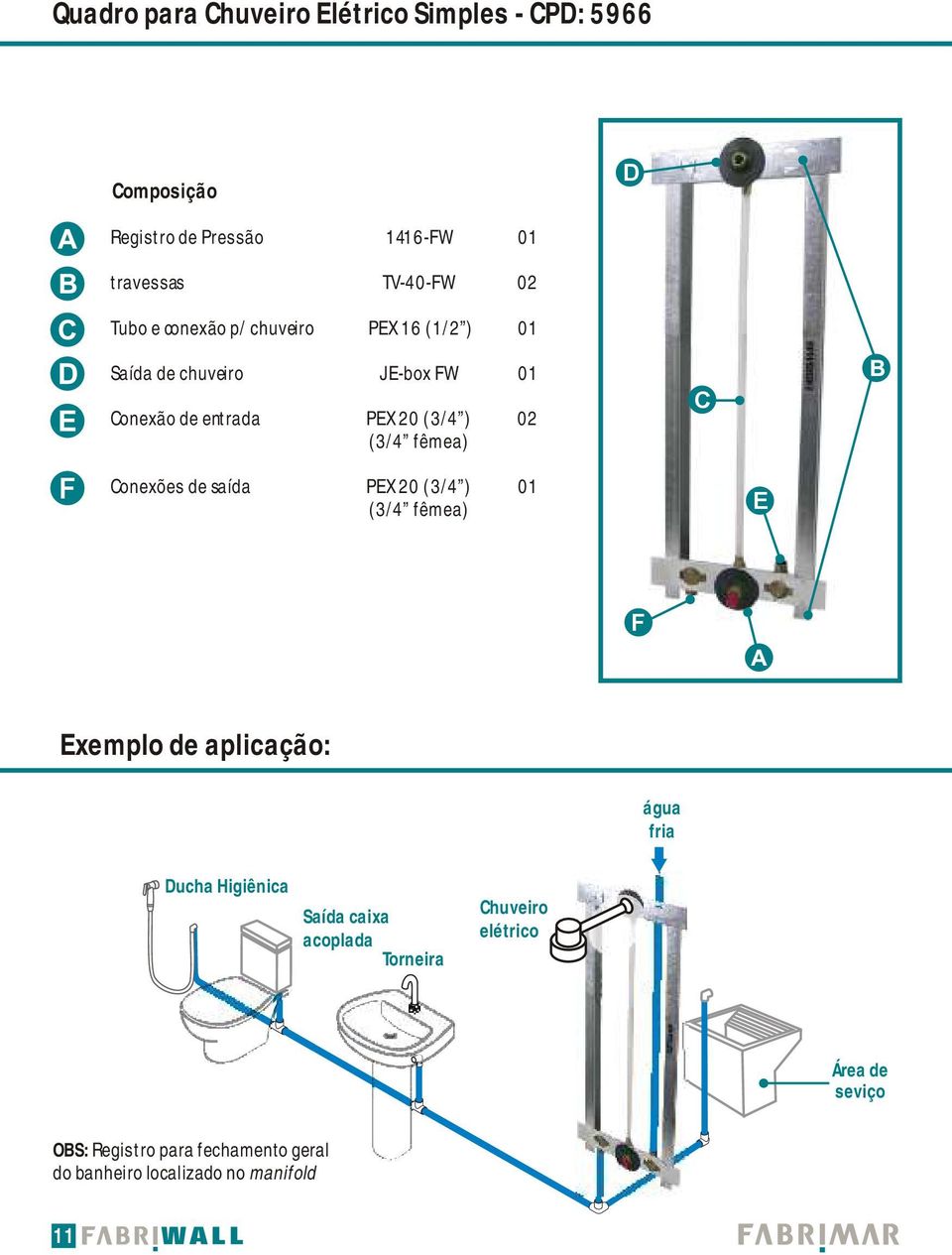 02 Conexões de saída PEX 20 (3/4 ) 01 C E Exemplo de aplicação: fria Ducha Higiênica Saída caixa acoplada