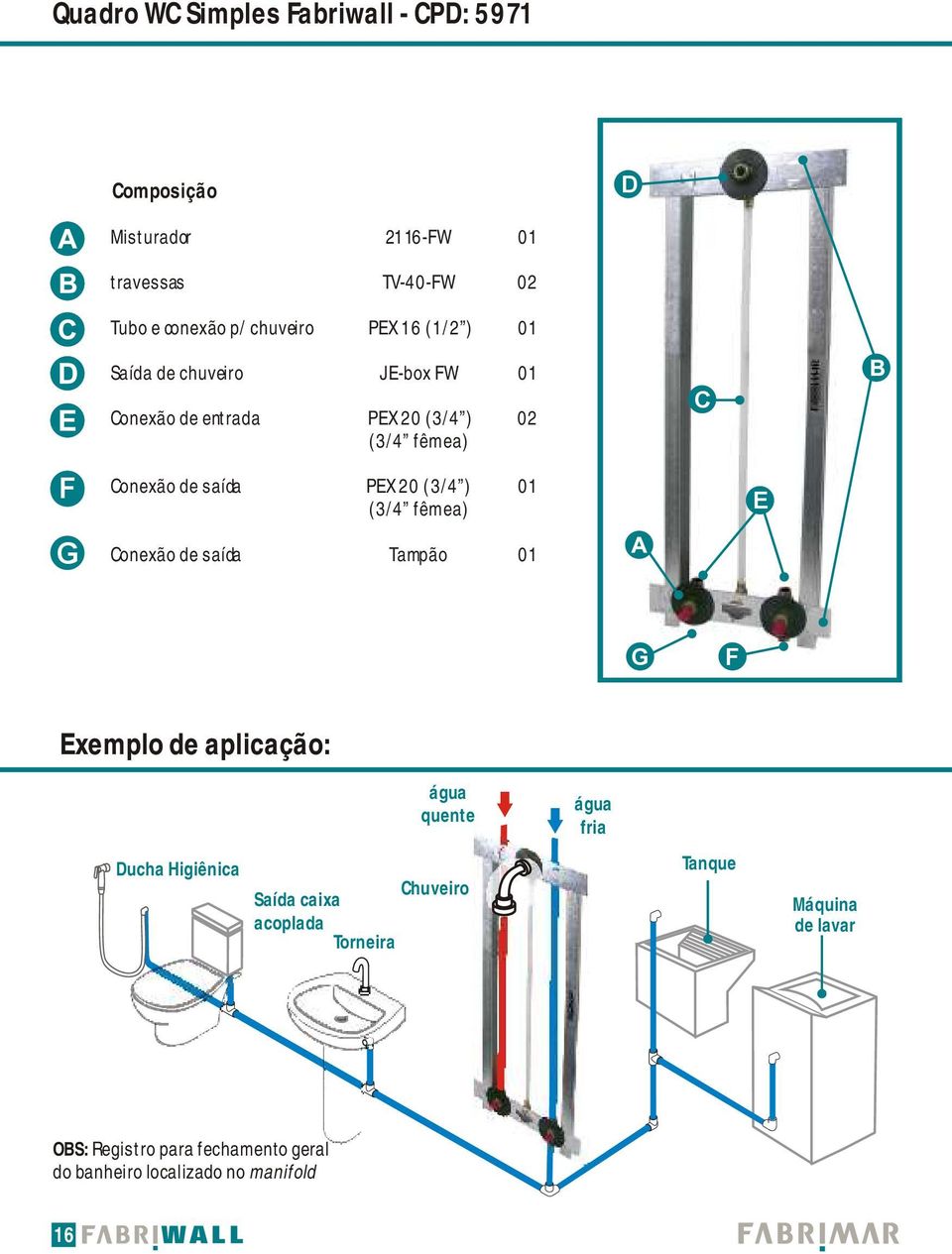 20 (3/4 ) 01 E G Conexão de saída Tampão 01 G Exemplo de aplicação: quente fria Ducha Higiênica Chuveiro Saída