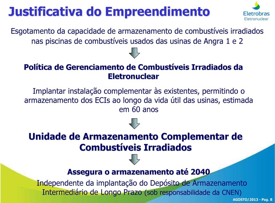 armazenamento dos ECIs ao longo da vida útil das usinas, estimada em 60 anos Unidade de Armazenamento Complementar de Combustíveis Irradiados Assegura o