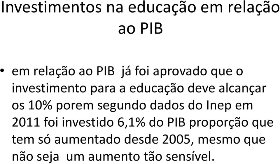 segundo dados do Inep em 2011 foi investido 6,1% do PIB proporção que