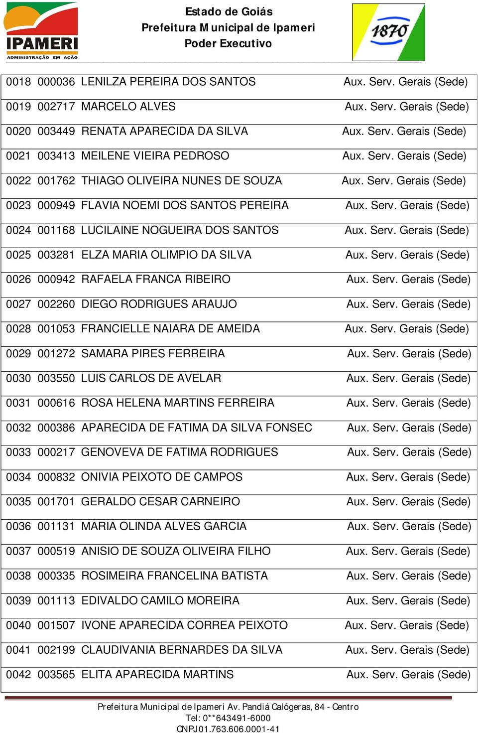 Serv. Gerais (Sede) 0025 003281 ELZA MARIA OLIMPIO DA SILVA Aux. Serv. Gerais (Sede) 0026 000942 RAFAELA FRANCA RIBEIRO Aux. Serv. Gerais (Sede) 0027 002260 DIEGO RODRIGUES ARAUJO Aux. Serv. Gerais (Sede) 0028 001053 FRANCIELLE NAIARA DE AMEIDA Aux.