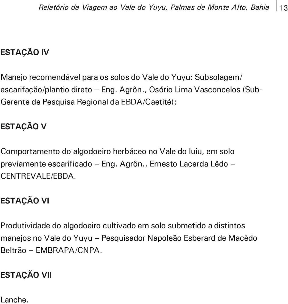 , Osório Lima Vasconcelos (Sub- Gerente de Pesquisa Regional da EBDA/Caetité); ESTAÇÃO V Comportamento do algodoeiro herbáceo no Vale do Iuiu, em