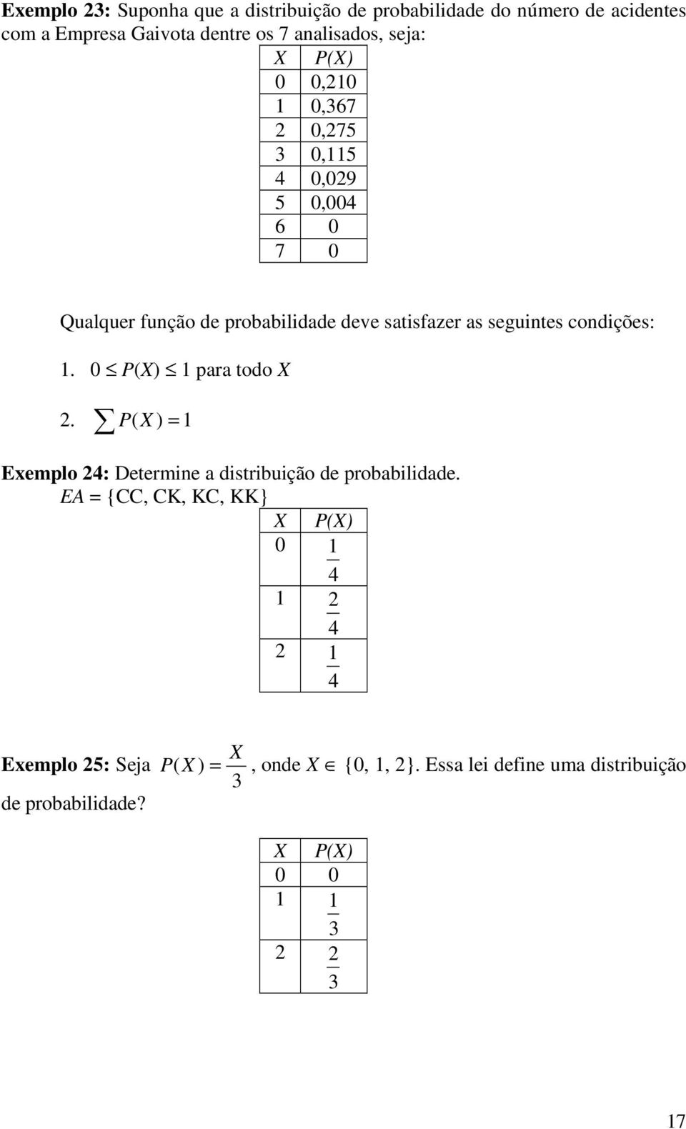 seguintes condições:. 0 X) para todo X. P ( X ) Exemplo : Determine a distribuição de probabilidade.