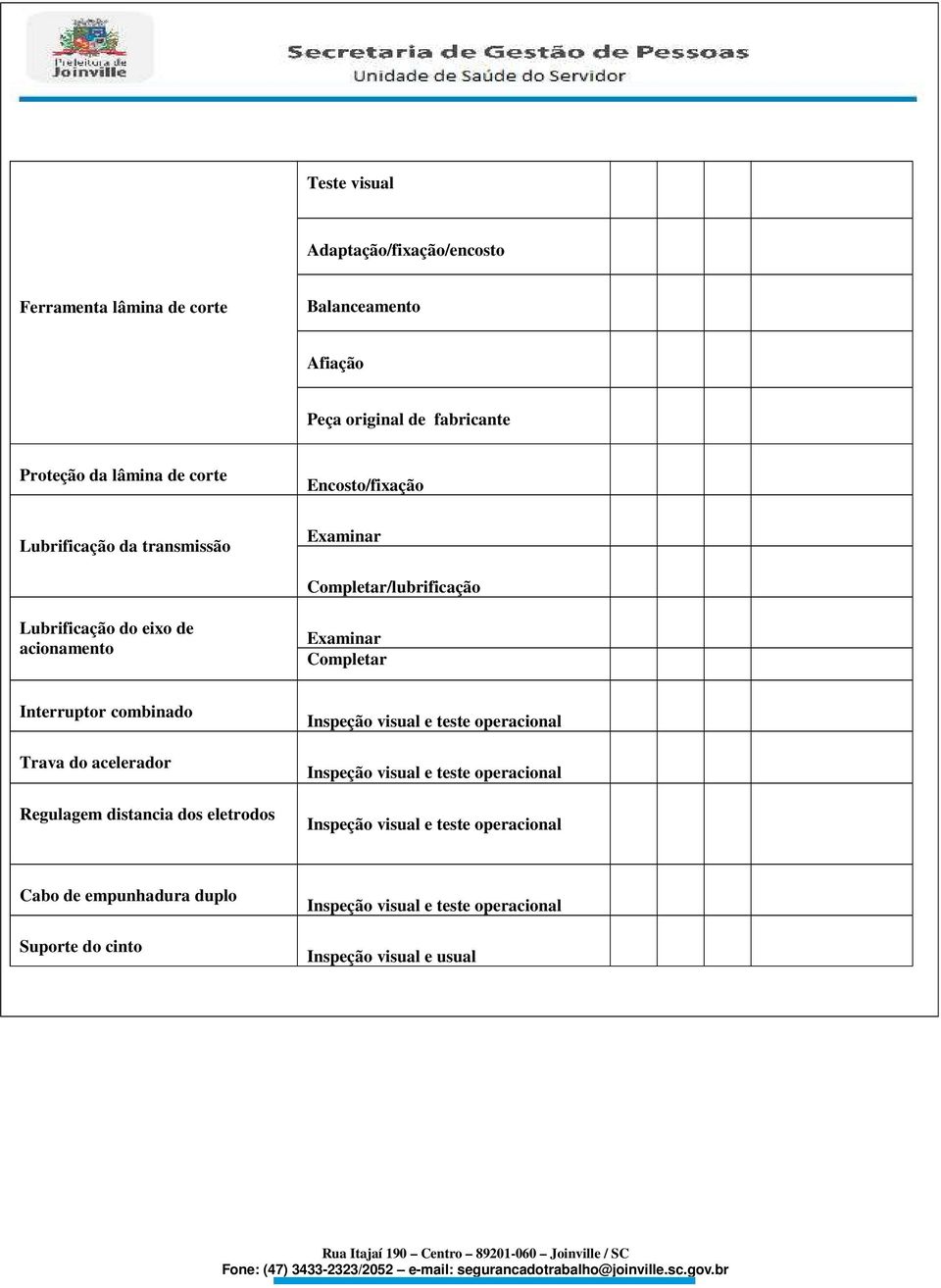 Completar/lubrificação Lubrificação do eixo de acionamento Examinar Completar Interruptor combinado