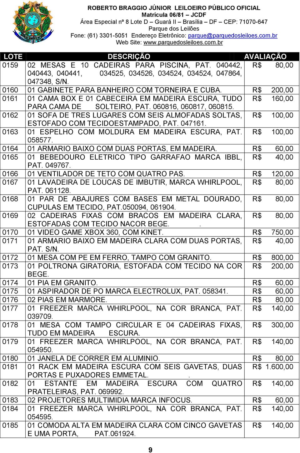 0162 01 SOFA DE TRES LUGARES COM SEIS ALMOFADAS SOLTAS, R$ 100,00 ESTOFADO COM TECIDOESTAMPADO, PAT. 047161. 0163 01 ESPELHO COM MOLDURA EM MADEIRA ESCURA, PAT. R$ 100,00 058577.