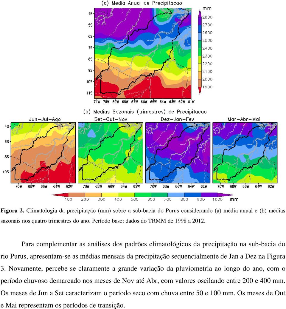 Para complementar as análises dos padrões climatológicos da precipitação na sub-bacia do rio Purus, apresentam-se as médias mensais da precipitação sequencialmente de Jan a Dez