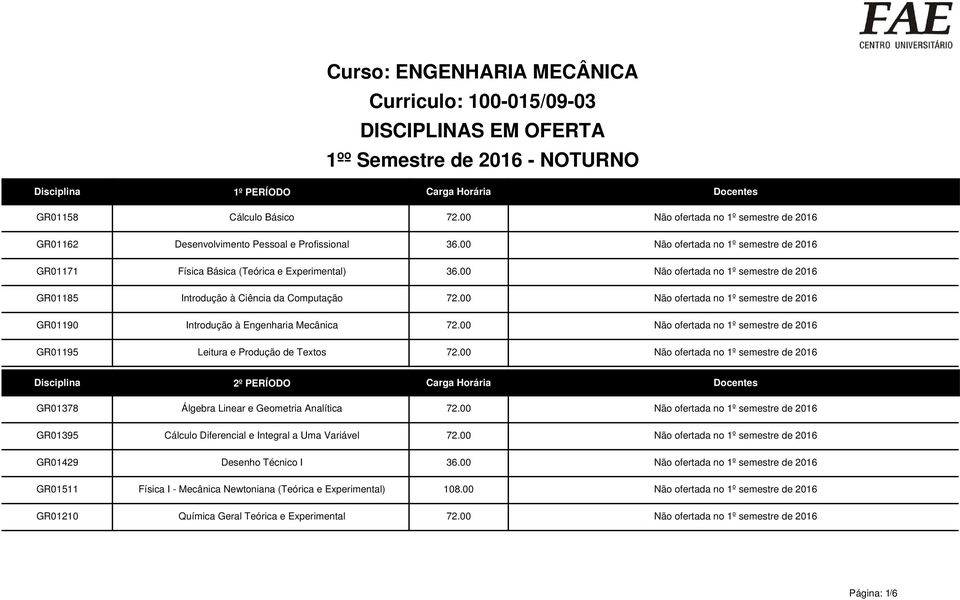 00 Não ofertada no 1º semestre de 2016 Introdução à Ciência da Computação 72.00 Não ofertada no 1º semestre de 2016 Introdução à Engenharia Mecânica 72.