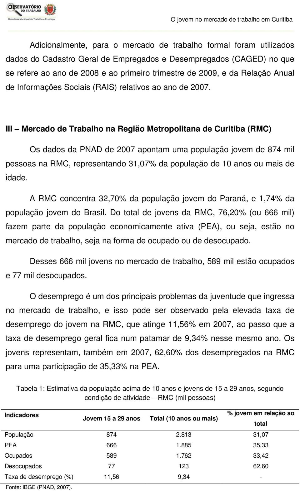 III Mercado de Trabalho na Região Metropolitana de Curitiba (RMC) Os dados da PNAD de 2007 apontam uma população jovem de 874 mil pessoas na RMC, representando 31,07% da população de 10 anos ou mais