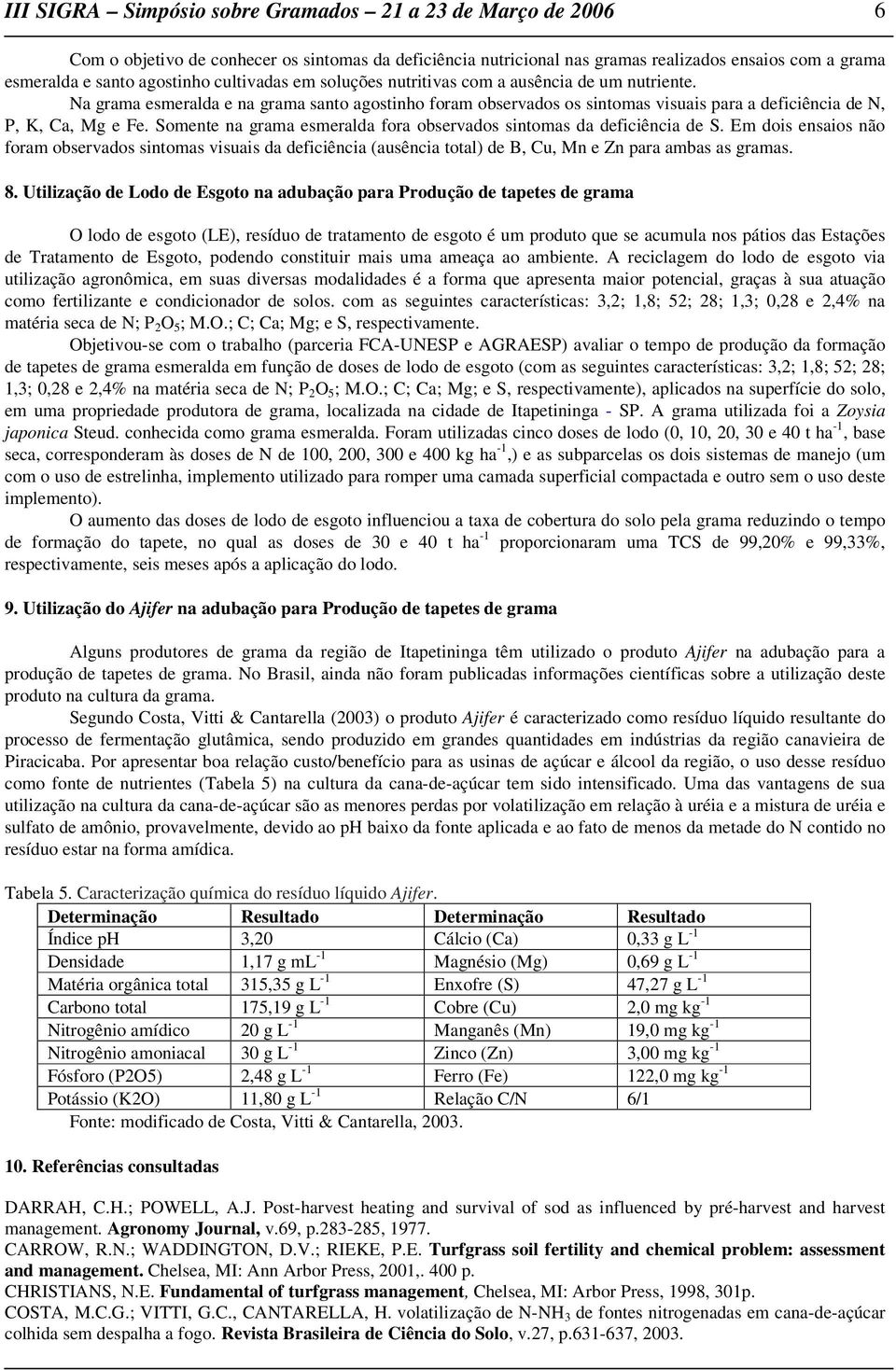 Somente na grama esmeralda fora observados sintomas da deficiência de S. Em dois ensaios não foram observados sintomas visuais da deficiência (ausência total) de B, Cu, Mn e Zn para ambas as gramas.