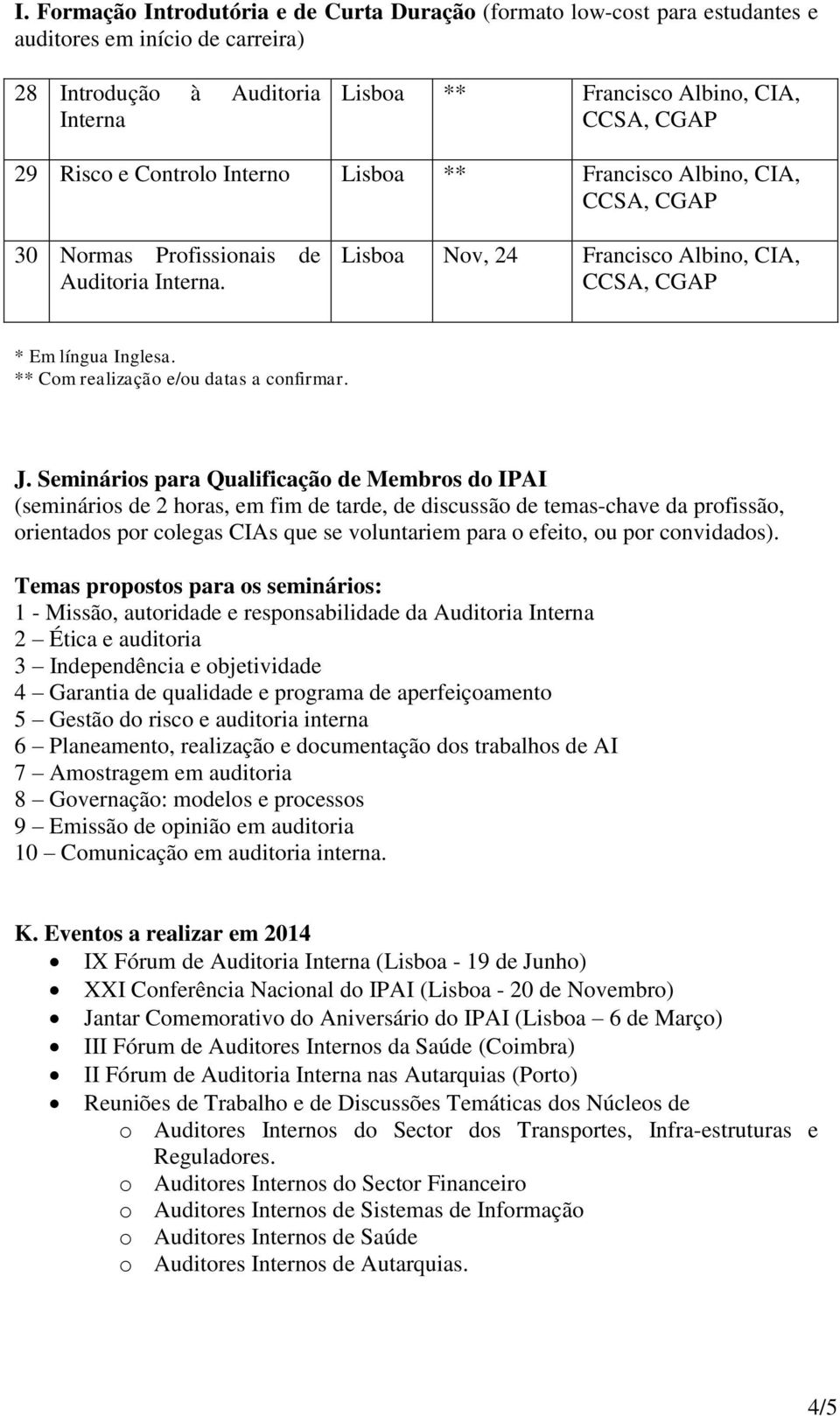 Seminários para Qualificação de Membros do IPAI (seminários de 2 horas, em fim de tarde, de discussão de temas-chave da profissão, orientados por colegas CIAs que se voluntariem para o efeito, ou por