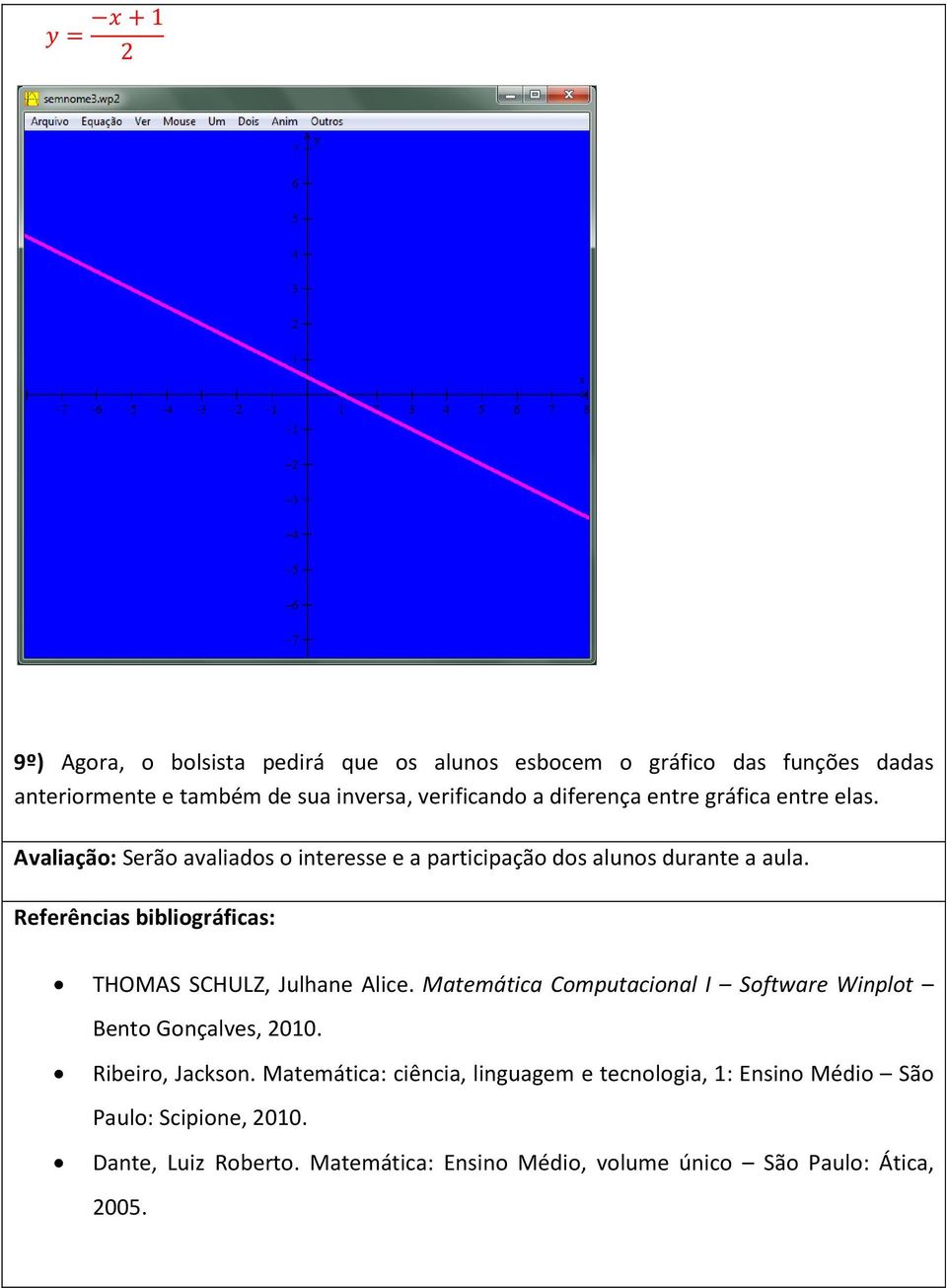 Referências bibliográficas: THOMAS SCHULZ, Julhane Alice. Matemática Computacional I Software Winplot Bento Gonçalves, 2010. Ribeiro, Jackson.