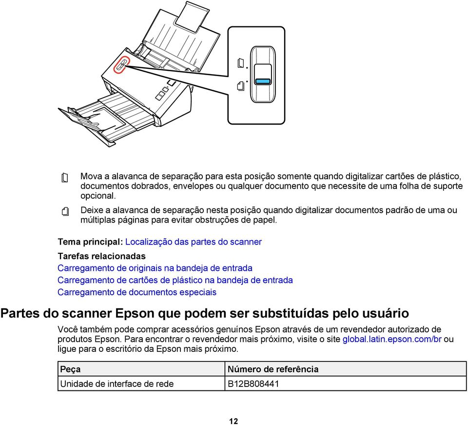 Tema principal: Localização das partes do scanner Tarefas relacionadas Carregamento de originais na bandeja de entrada Carregamento de cartões de plástico na bandeja de entrada Carregamento de