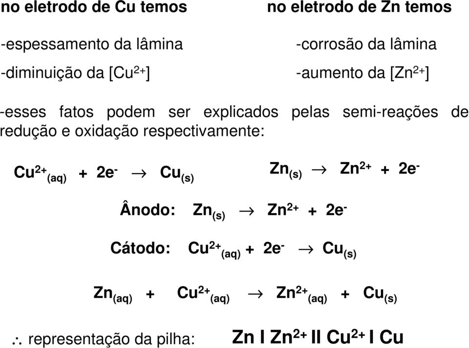 respectivamente: Cu 2+ (aq) + 2e - Cu (s) Zn (s) Zn2+ + 2e - Ânodo: Zn (s) Zn 2+ + 2e - Cátodo: Cu 2+