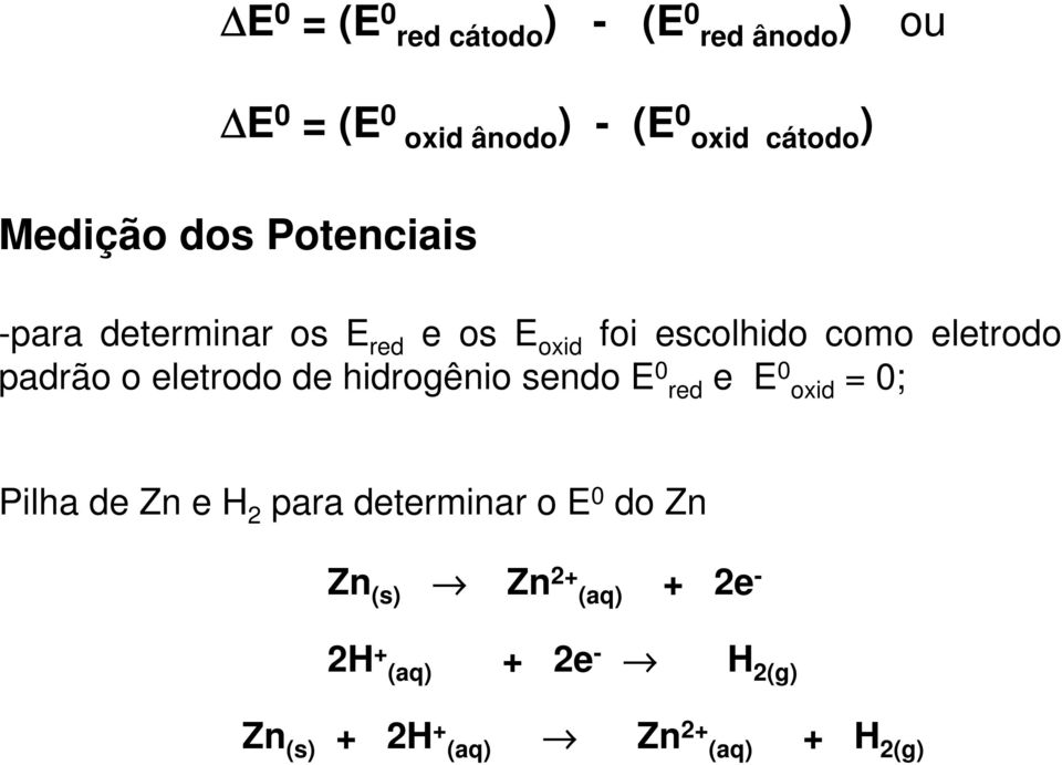 padrão o eletrodo de hidrogênio sendo E 0 red e E 0 oxid = 0; Pilha de Zn e H 2 para
