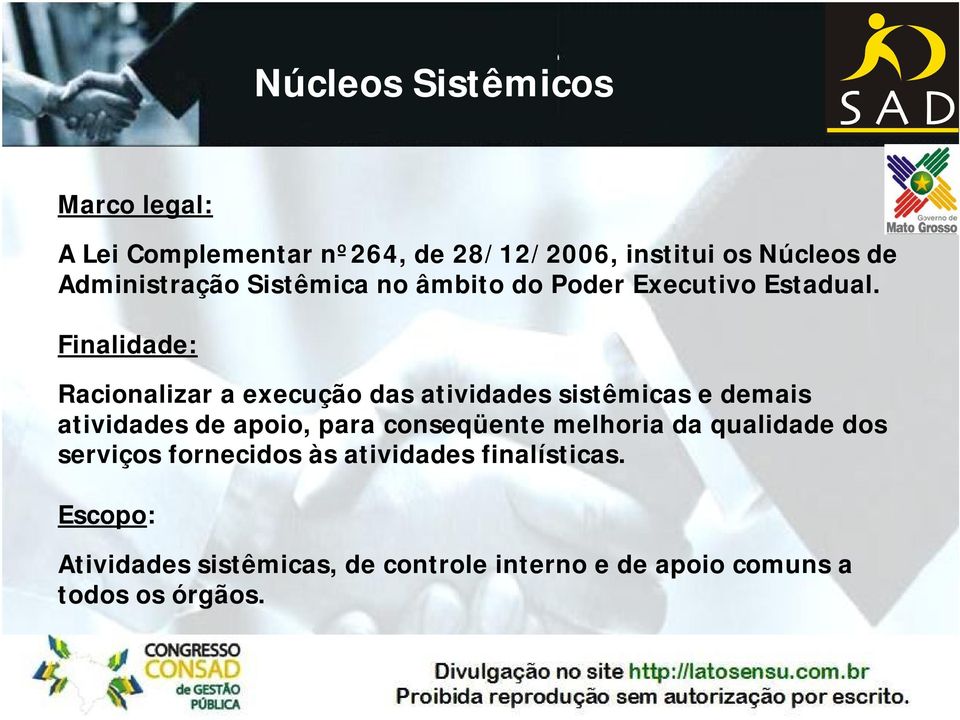 Finalidade: Racionalizar a execução das atividades sistêmicas e demais atividades de apoio, para