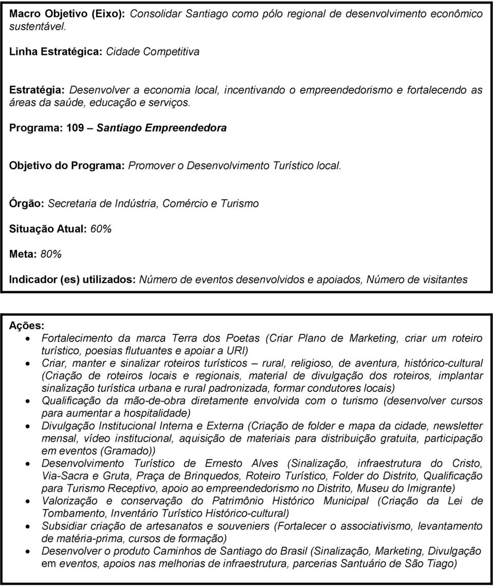 Programa: 109 Santiago Empreendedora Objetivo do Programa: Promover o Desenvolvimento Turístico local.