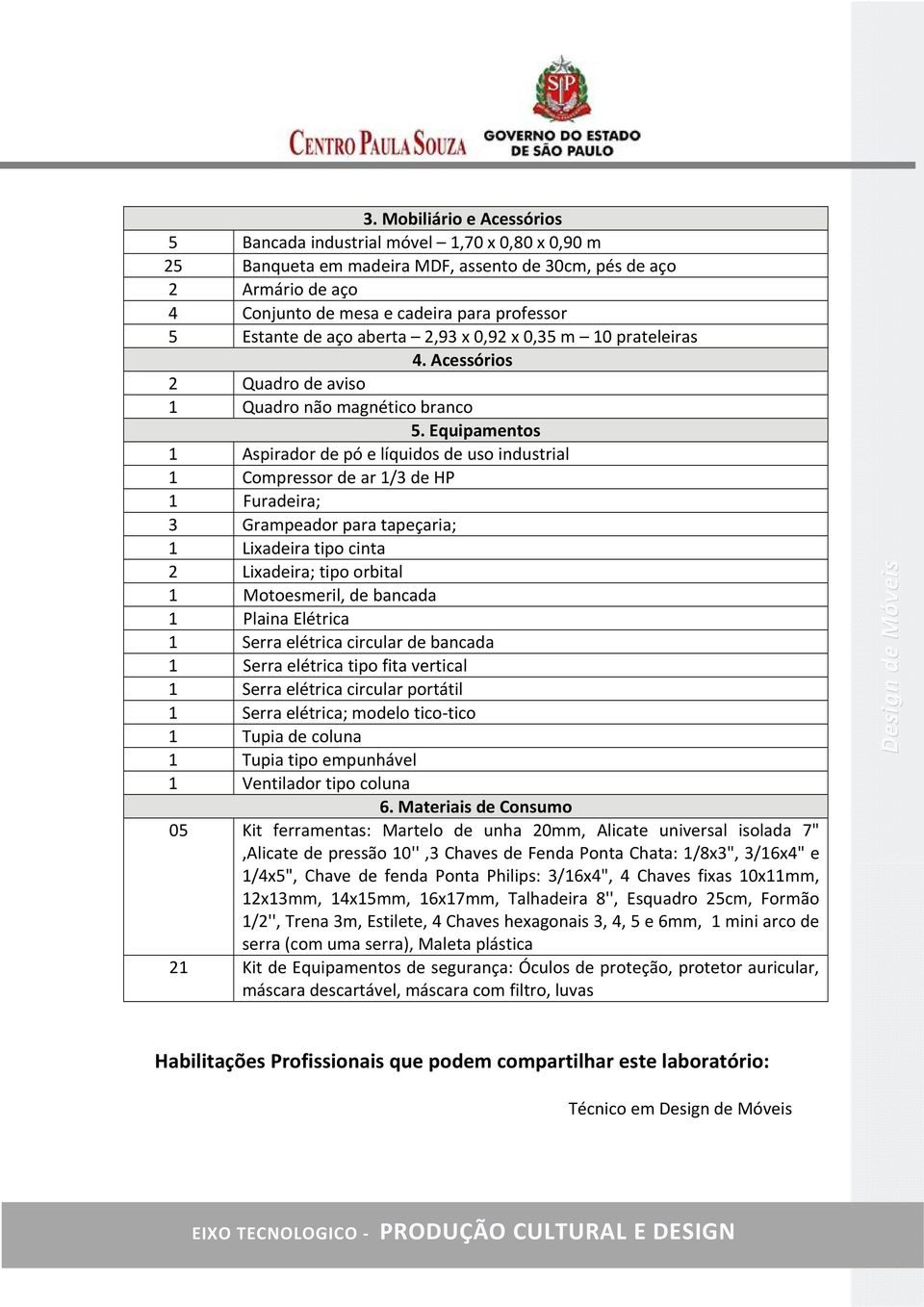 Equipamentos 1 Aspirador de pó e líquidos de uso industrial 1 Compressor de ar 1/3 de HP 1 Furadeira; 3 Grampeador para tapeçaria; 1 Lixadeira tipo cinta 2 Lixadeira; tipo orbital 1 Motoesmeril, de