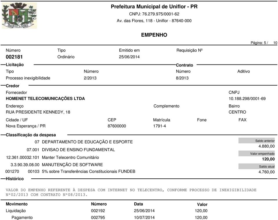 298/0001-69 Nova Esperança / PR 87600000 1791-4 07 DEPARTAMENTO DE EDUCAÇÃO E ESPORTE 07.001 DIVISAO DE ENSINO FUNDAMENTAL 12.361.00032.