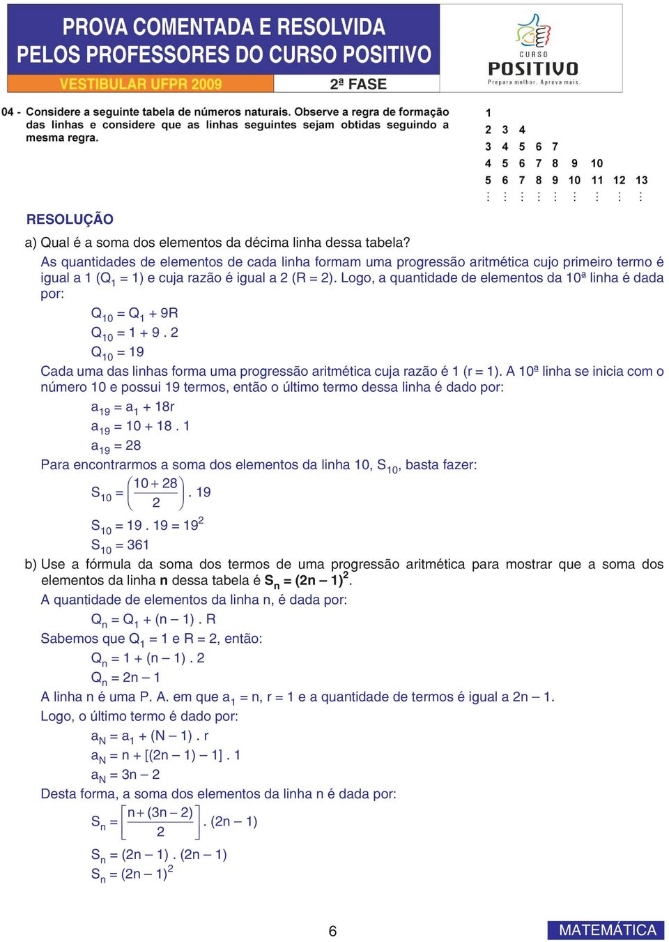 Logo, a quantidade de elementos da 0ª linha é dada por: Q 0 = Q + 9R Q 0 = + 9. Q 0 = 9 Cada uma das linhas forma uma progressão aritmética cuja razão é (r = ).