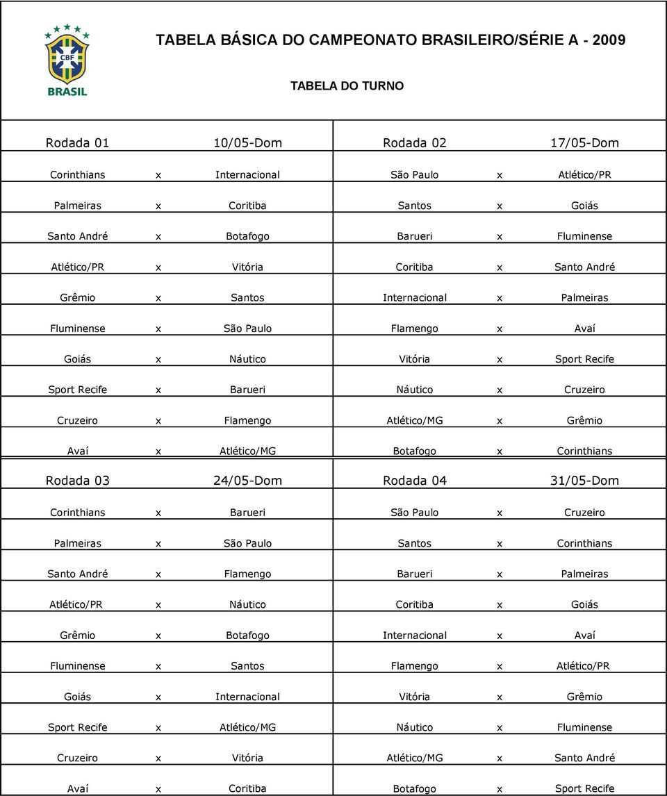 Cruzeiro x Flamengo Atlético/MG x Grêmio Avaí x Atlético/MG Botafogo x Corinthians Rodada 03 24/05-Dom Rodada 04 31/05-Dom Corinthians x São Paulo x Cruzeiro Palmeiras x São Paulo Santos x